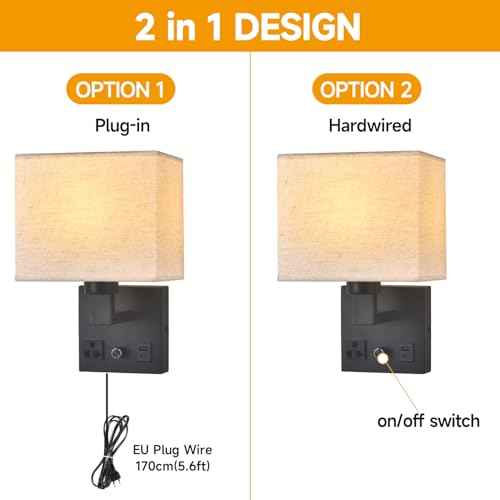 Bedside Wall Lamp for Bedroom, Plug in Wall Sconce - Dimmable Switch with AC Outlet & USB Charging Port, Fabric Shade, Black Wall Mounted Light for Living Room, Hotel