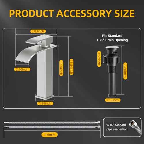Rywuanku Tall Brushed Nicklel Bathroom Faucet Waterfall Spout, Single Handle Sink Faucet with Pop-up Drain & Deck Plate, Modern 1 Hole Vanity Faucet for RV, Farmhouse, Camper or Bathroom