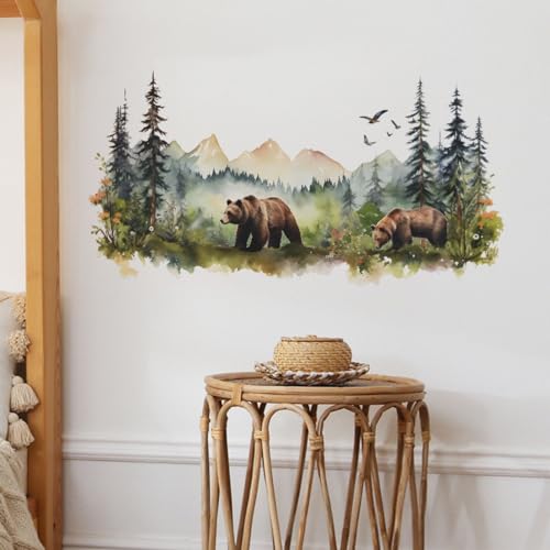 Animals Wall Stickers Mountain Forest Wall Decal for Nursery Bedroom, Wild Jungle Animal Wall Deals Vivid Bears Wall Art Murals Peel and Stick Home Decors for Study Room Living Room
