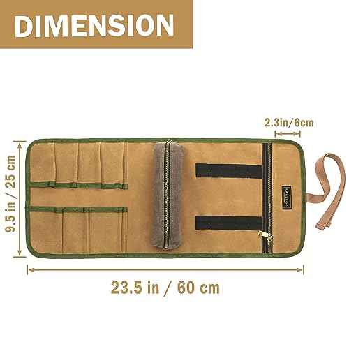 16OZ Waxed Canvas Tool Roll Bag, Heavy Duty Tool Storage Roll Bag with 7 Tool Slots & 1 Detachable Pouch, Khaki Tool Organizer for Wrenches and Tools (23.5"L x 9.5"W)
