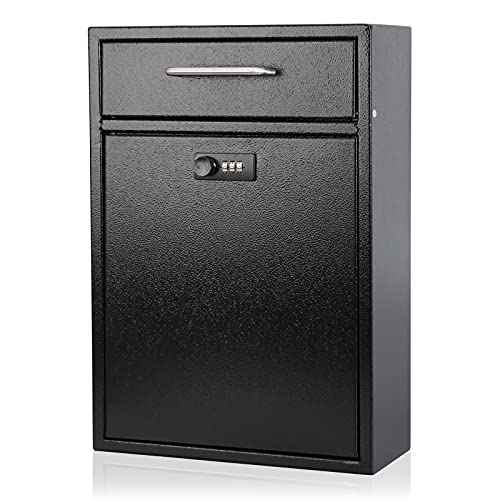 KYODOLED Steel Combination Lock Mail Boxes Outdoor, Locking Wall Mount Mailbox, Security Lock Drop Box, Collection Boxes, 16.2H x 11.2L x 4.6W Inches, Black X Large