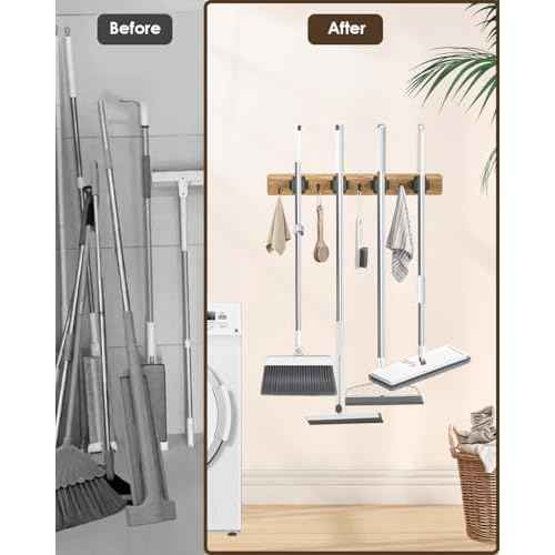 AceMining Broom Holder Wall Mounted, 2 Pack 4 Holders and 4 Hooks Mop Holder, Wooden Mop and Broom Holder with Anti slip rubber, Natural pine wood Brush Holder, Mop Wall Holde with Nail installation