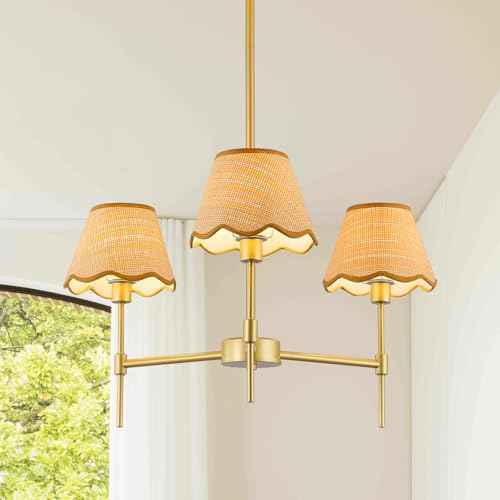 Gold Farmhouse Chandelier 3-Light Boho Pendant Lamp with Rattan Shade 26¡®¡¯ Rustic Chandelier Light Fixture with Height Adjustable Hanging Pole for Dining Room, Living Room, Bedroom, E12 Base