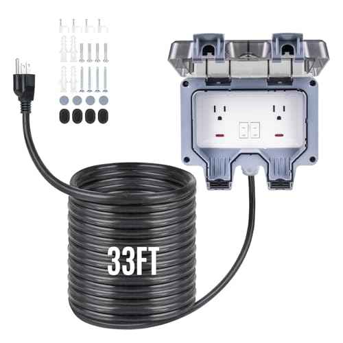 Outdoor Power Outlet 15A 110V with 10/20/33ft Extension Cord IP66 Waterproof, IK08 & UL1363-2018 Certified Outdoor Outlet Extender for Garden Garage Patio (33FT)