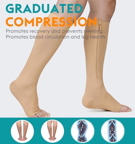 NURCOM Zipper Copper Compression Socks Open Toe Beige 15-20 mmHg Knee High Stockings, Designed for Circulation, Varicose Veins, Swelling, Venous Insufficiency, Post-Operative Recovery, 4X-Large