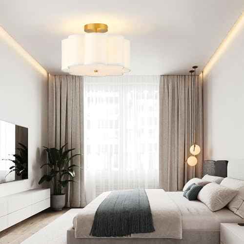 13.3"Semi Flush Mount Ceiling Light Fixture, 3-Light Modern Close to Ceiling Light With Fabric Flower-Shaped Shade, Light Fixtures Ceiling Mount for Bedroom Nursery Kids Room Living Room(Gold)