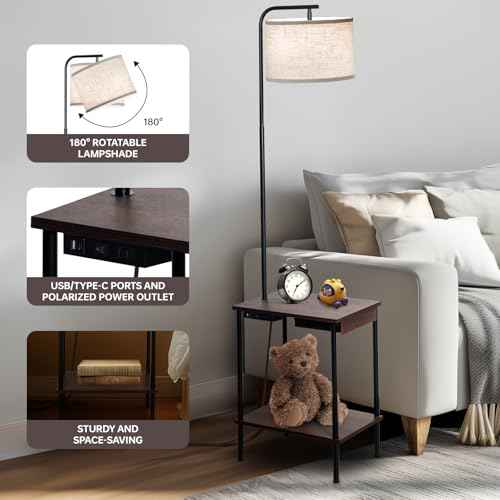 Floor Lamp with Table & Drawers, End Table Lamp with USB Charging Portt Power Outlet and Shelves, Side Table Reading Light with 3 Color Temperature Led Bulb Included for Living Room, Walnut