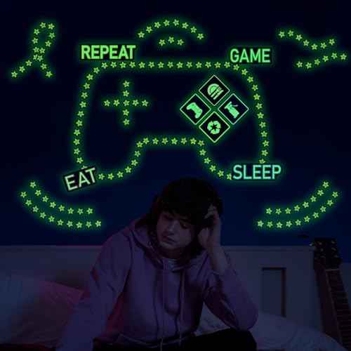 Glow in The Dark Neon Game Wall Stickers, EAT Sleep Game Repeat Wall Decals, Luminous Stars Gaming Boy Room Decor, Kids Bedroom Playroom Nursery Party Decorations