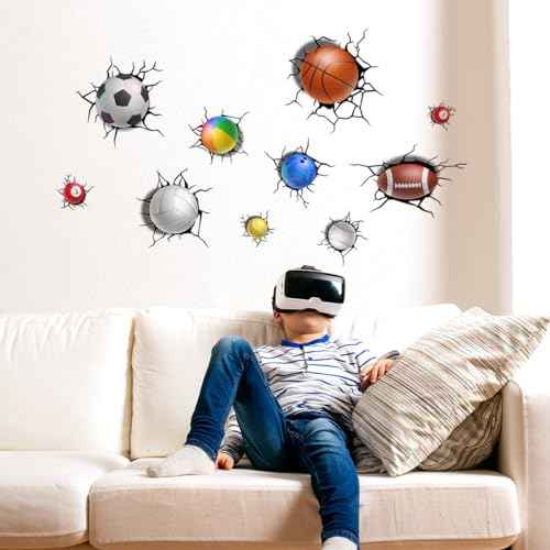 Runtoo 3D Sports Wall Decals Basketball Baseball Football Break Through Wall Stickers Kids Baby Boys Nursery Playroom Classroom Home Decor