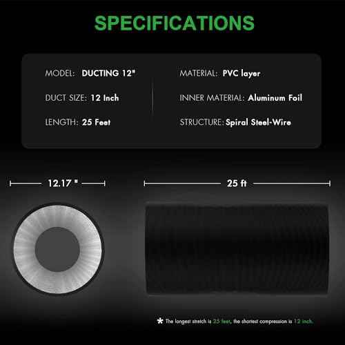 HealSmart 12" 25 Ft Aluminum Ducting Flexible, Heavy-Duty Four-Layer Protection with 2 Duct Clamps, Dryer Vent Hose for Heating Cooling Ventilation and Exhaust Fan