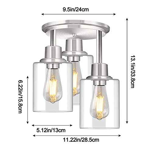 ROTTOGOON Semi Flush Mount Ceiling Light, 3 Light Close to Ceiling Light Fixtures, Brushed Nickel Finish Kitchen Light Fixtures with Clear Glass Shades, Modern Hallway Lights Fixtures Ceiling Mount