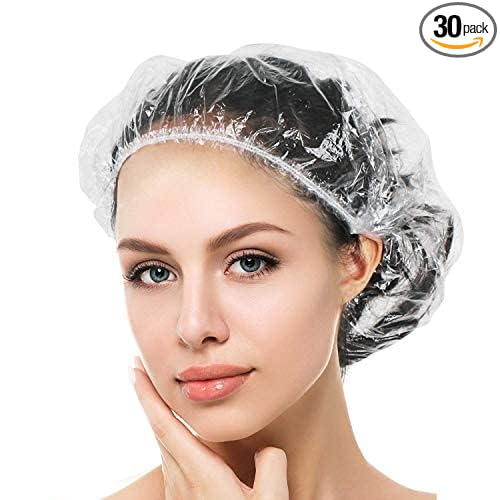 Auban 30PCS Disposable Shower Caps, Plastic Clear Hair Cap Large Thick Waterproof Bath Caps for Women, Hotel Travel Essentials Accessories Deep Conditioning Hair Care Cleaning Supplies(17.3")
