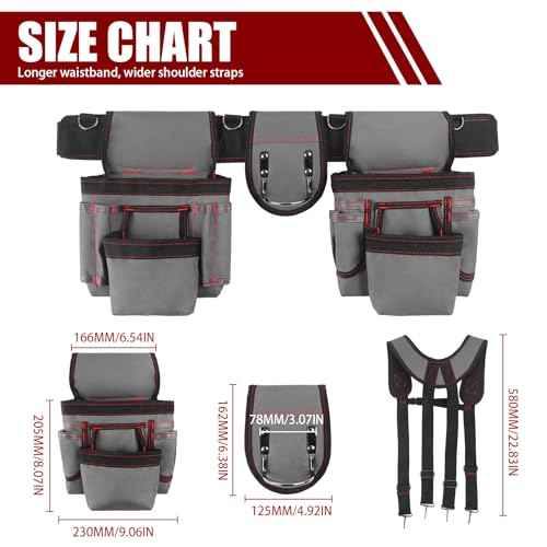 Tool Belt With Suspenders, Heavy Duty Carpenter Tool Belt with 22 Pockets - Adjustable Lightweight Electrician for Construction, Framing, Carpentry Work