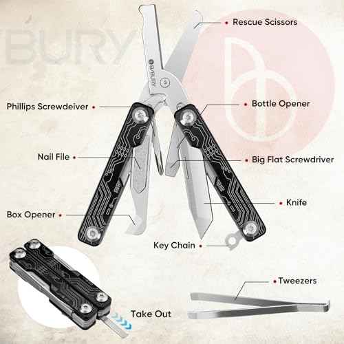 BIBURY Mini Keychain Multitool Scissors B12062B, 9 in 1 Multitool EDC Scissors with Screwdriver, Bottle Opener, Pocket Knife, Spring -Mini Multi Tool for Outdoor, Daily Use, Gifts for Men and Women