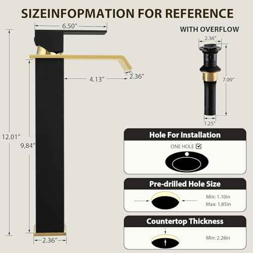 Vessel Sink Faucet Black and Gold, Single Hole Tall Bathroom Faucet, Modern SUS304 Stainless Made, Pop-up Drain & Supply Hose Included, Home D?cor Improvement