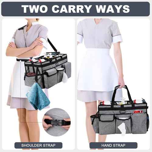 Large Cleaning Caddy Bag with Rigid Support Board, Cleaning Organizer Tote with Detachable Divider, Adjustable Shoulder Strap & Waist Belt, Cleaning Supply Carrier for Cleaners & Housekeepers