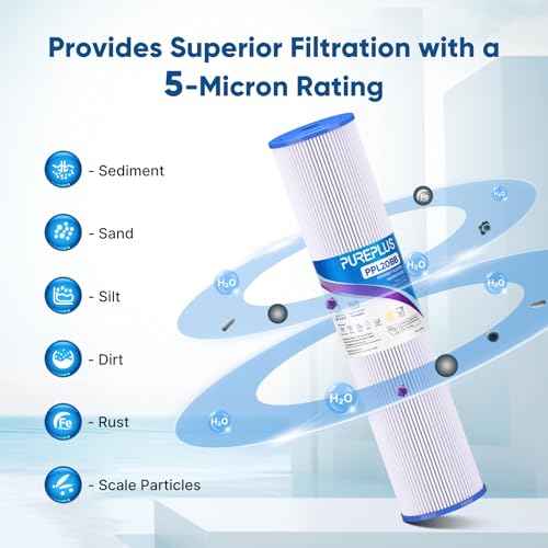PUREPLUS 5 Micron 20" x 4.5" Whole House Pleated Sediment Filter for Well Water, Replacement Cartridge for ECP20-20BB, AP810-2, SPC-45-2020, R30-20BB, HDC3001, ECP5-20BB, 2Pack