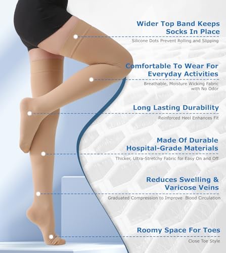 MGANG Medical 20-30 mmHg Compression Stockings for Women & Men, Pair, Thigh High Graduated Compression Socks, Closed Toe, Opaque, Support for Varicose Veins, Edema, DVT, Swelling, Flight, Beige S