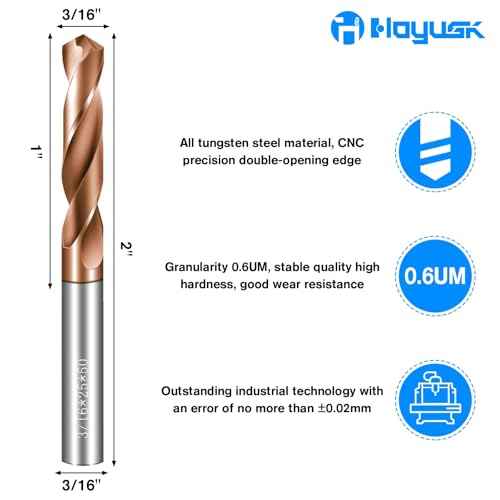 Solid Carbide 3/16" Drill Bits, Tungsten Carbide Drill Bit Set with TISIN Coated, Metal Drill Bit Set for Stainless Steel Hardened Steel Cast Iron Alloy Copper, 2 Pcs