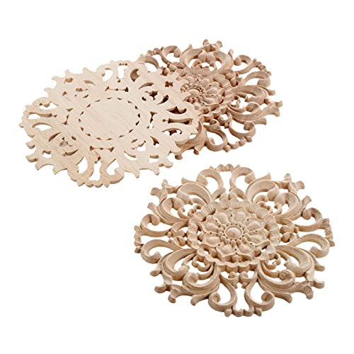 MUXSAM Wood Carved Appliques Decorative Onlays, Round Wood Carving Craft Decals for Door Wall Ceiling Cabinet Dresser Wardrobe Mantels Closet Doll Bed Retrofit Project(2-Pack, 10cm/3.9")