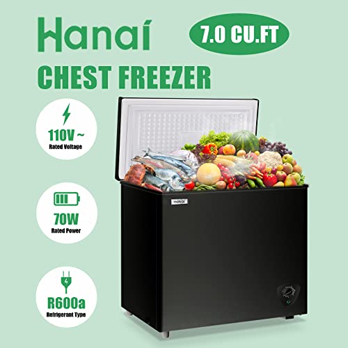 Chest Freezer WANAI 7.0 Cu.Ft Compact Chest Freezer Black Top Door Freezer with 7 Adjustable Temperature, Low Noise, Removable Basket, and Energy Saving Perfect for Home Garage Basement Kitchen or Apartment,Black