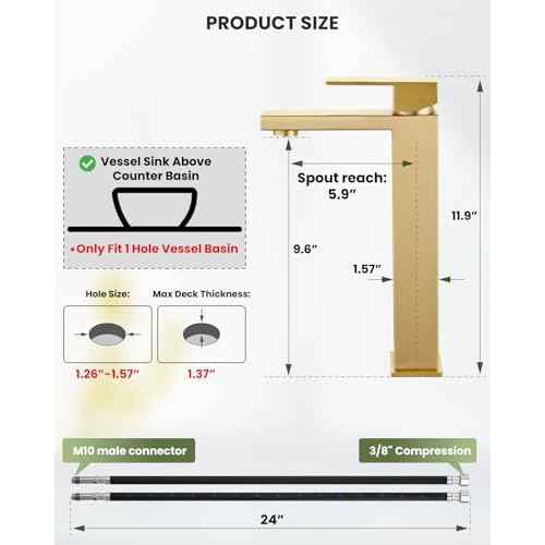 gotonovo Vessel Sink Faucet Single Handle Tall Bathroom Faucet One Hole Modern Lavatory Vanity Basin Mixer Tap Matching Supply Hoses and Pop up Drain Without Overflow, Brushed Gold