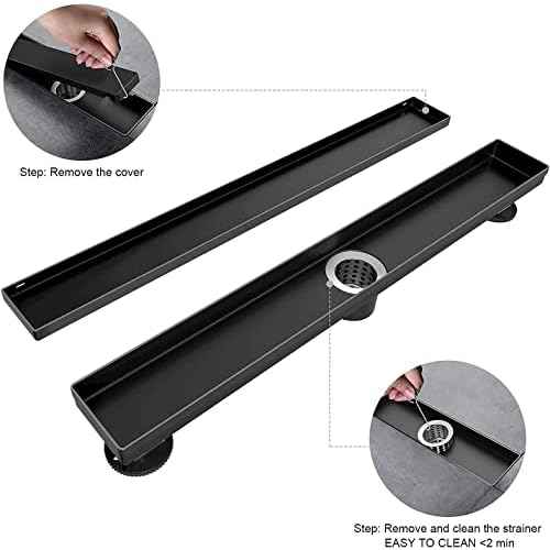 EXF Linear Shower Drain 28 Inch Matte Black with Reversible Flat & Tile Insert Cover, Stainless Steel Rectangle Shower Floor Drain with Hair Catcher, Adjustable Feet