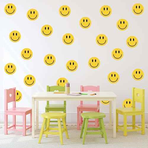 9 Sheets Preppy Smile Wall Stickers Yellow Happy Face PVC Decorative Wall Decals Mural Vinyl Self-Adhesive Wall Decor for Home Classroom Nursery Party Supplies, 7.9 x 11.8 Inch