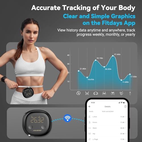 ABLEGRID Smart Body Tape Measure,Rechargeable Body Measuring Tape with Fitdays APP,Accurate Retractable Digital Body Measurement Device Tool for Muscle Gain,Weight Loss,Fitness,Locking,60in/150cm