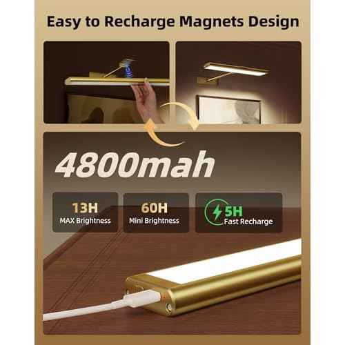 EZVALO Picture Light for Wall, 4800mAh Rechargeable Wireless Remote, Dimmable Magnetic LED Art Display Light with 3 Color Temperatures, for Gallery, Living Room, Bedroom, Hallway (Gold-2Pack)