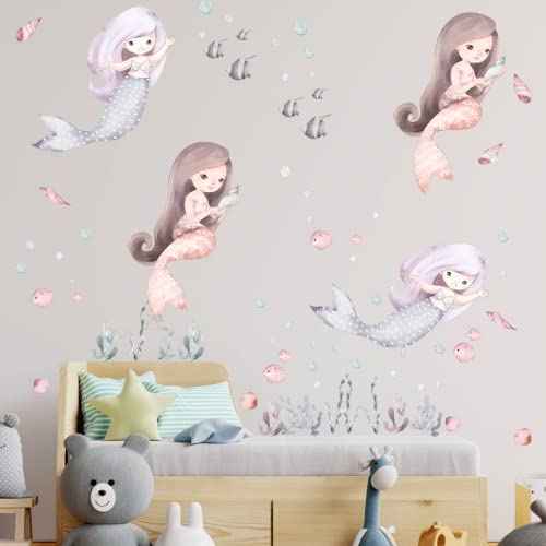 Mermaid Wall Decal Ocean Stickers Seaweed Nursery Decor Baby Girl Bedroom Playroom Princess Room Art Toddler Kid Room Bathroom Decor