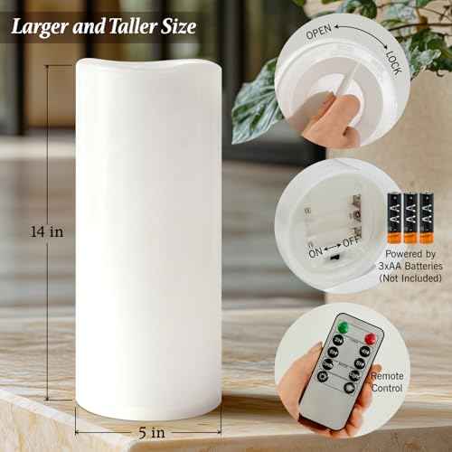 5" x 14" White Large Waterproof Outdoor Flameless Candles Battery Operated LED Flickering Pillar Candles with Remote and Timer for Indoor Outdoor Lanterns, Long Lasting, Set of 2