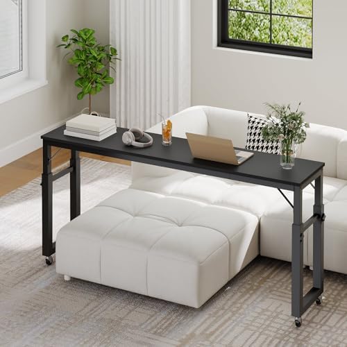 Overbed Table with Wheels, Queen Size Mobile Bed Desk with Adjustable Height, Rolling Table, Dining Table, Computer Desk, for Bedroom, Living Room, Office, Black MTBK18001