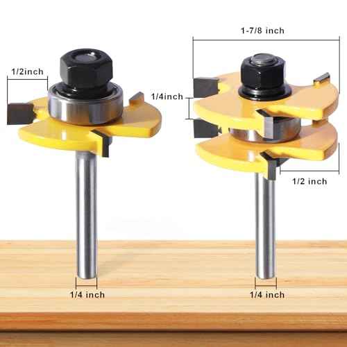 Tongue and Groove Router Bit Set of 2 Pieces, 1/4 Inch Shank, 3 Teeth Adjustable T Shape Wood Milling Cutter, 1/2Inch Cutting Depth£¬3/4Inch Stock£¬Woodworking Tools