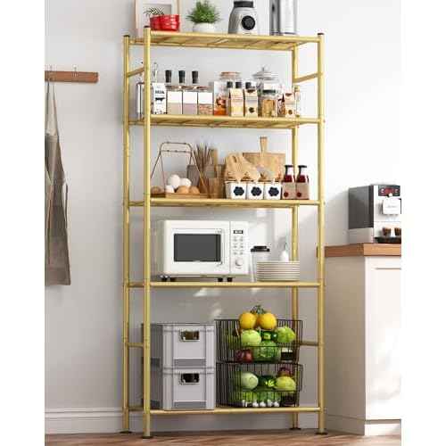 Storage Shelves - 5 Tier Shelf Organizer, Heavy Duty Garage Shelving Unit with Leveling Feet, Stable Metal Shelves Organizer for Pantry, Kitchen and Closet, 33.0" W x 12.6" D x 72.0" H, Gold