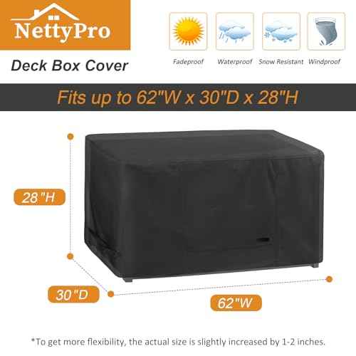 NettyPro Deck Box Cover, Fade Resistant Waterproof Outdoor Patio Storage Box Bench Cover for Rectangular 150-230 Gallon Resin Large Deck Box, 62 x 30 x 28 inch, Black