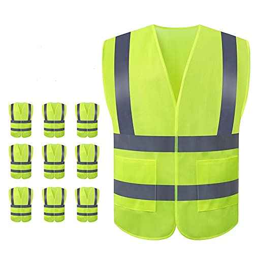 JSungo High Visibility Safety Vest 10 Pack, Yellow Reflective Vest with 2 Inch Hi vis Silver Strip, Construction Vest for Men & Women, Universal Size