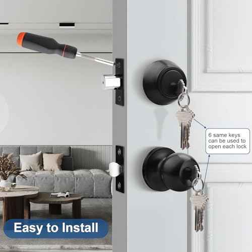 Knobonly Keyed Alike Exterior Door Knob, Round Outdoor Lock with One Sided Deadbolt, Stainless Steel, Matte Black Door Knobs, Black Door Handle Sets, 4 Pack