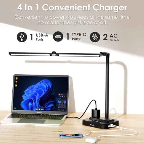 Adjustable LED Desk Lamp for Home Office | Integrated Power Hub with 2 Wide-Spaced AC Outlets, USB-C & USB-A Charging Ports | Anti-Glare Light, Foldable Design & Surge Protection