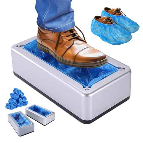 Shoe Covers Dispenser with 200pcs Shoe Cover Disposable Non Slip,Automatic Shoe Covers Dispenser with 200 PCS Disposable Shoe Covers for Home, Office, Supermarket, Factory, Lab (Silver)