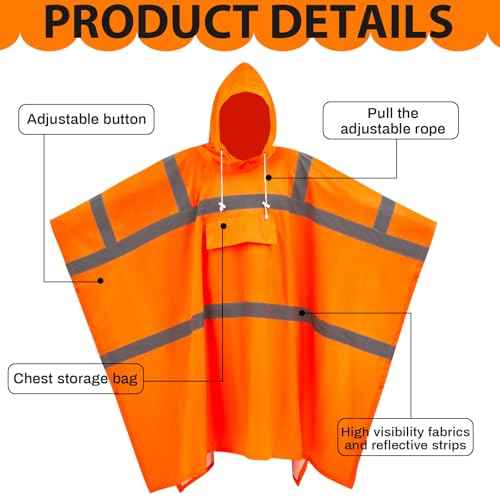 Coume High Visibility Rain Poncho with Large Pocket 50 x 80 Inch Reflective Rain Coat Safety Jacket for Outdoor Worker (Orange)