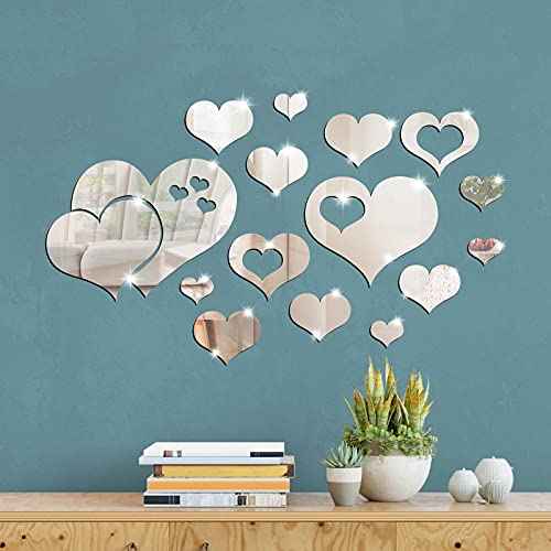 17 Pieces Heart Mirror Wall Decal 3D Acrylic Heart Mirrors Wall Art Decor Removable Sticker for Living Room Bedroom Home Decoration