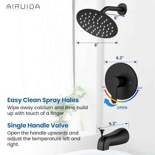 Airuida Shower Faucet Set with Tub Spout Bathtub Faucet Kit Shower Tub Faucet Set Complete Tub Shower Trim Kit with Solid Brass Rough-in Valve Rainfall Round Shower Head, 6 Inch, Matte Black