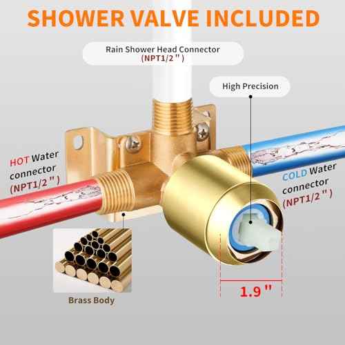 Brushed Gold Shower Faucet Single Function Trim Kit with Rough-in Valve Set Bath Rainfall Shower System 8inch Square Stainless Steel Metal Shower Head