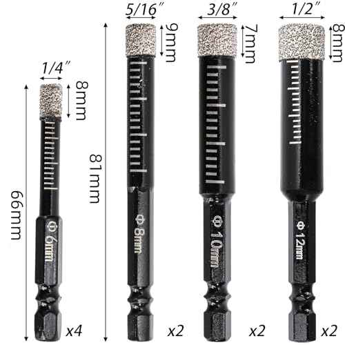 Hacaroa 10 Pack Dry Diamond Drill Bit Set, 1/4 5/16 3/8 1/2 Inch Diamond Core Drill Bits for Tile, Ceramic, Glass, Marble, Granite, Stone, 6, 8, 10, 12mm, 1/4 Inch Hex Shank, 4 Sizes