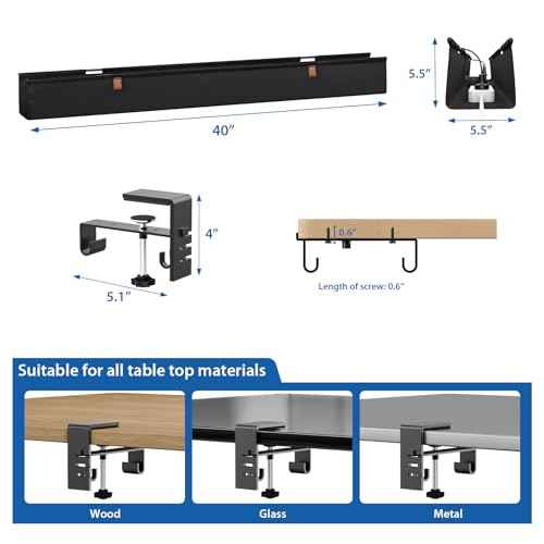 Zilink No Dril Under Desk Cable Management Tray 40" Cable Organizer Clamp/Screw Mount Premium Fabric Desk Wire Management for Office Home