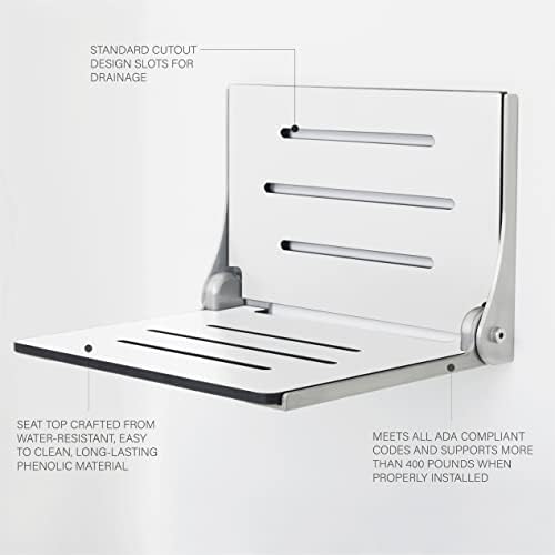 Seachrome Lift-Assist High Back Silhouette Folding Wall Mount Shower Bench, White Seat with Silver Frame
