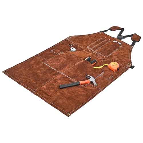 VEVOR Leather Welding Work Apron, Heavy Duty Cowhide Flame Resistant Welding Apron, Heat-Resistant Blacksmith Welder Aprons with 6 Tool Pockets for Woodworking, Gardening, BBQ
