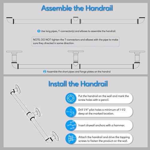 Pipe Stair Handrail, 6 Ft Metal Staircase Handrail, Black Galvanized Industrial Iron Hand Rail for Indoor & Outdoor Wall Mount Support, Wall Hand Railing,Safety Handle, Steps Baluster(HR01-3)
