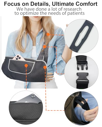 Arm Sling, Upgraded Straps, Ultimate Comfort, Convenient Pocket, Arm Sling Shoulder Immobilizer for Shoulder Injury, Elbow Injury, Wrist Injury, Fractured Bones, Rotator Cuff Support (L,Black & Grey)